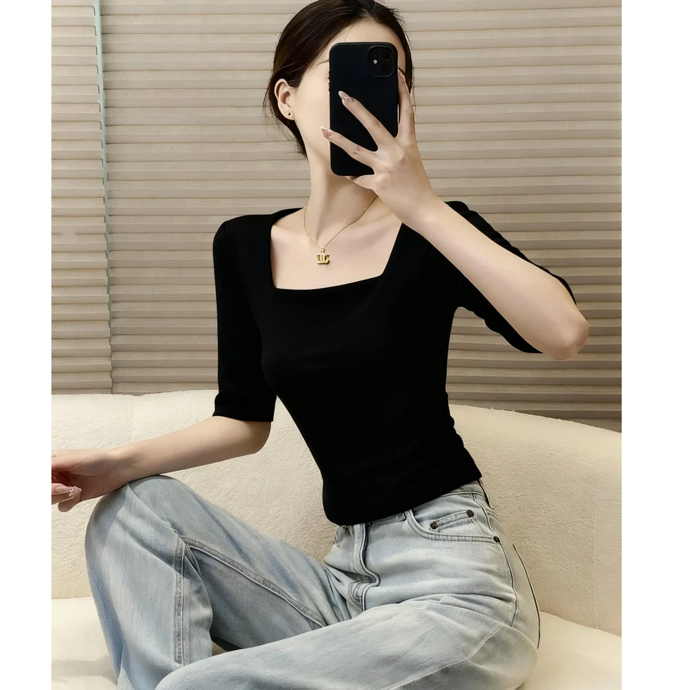 方领中袖上衣女装修身显瘦夏季黑色内搭打底衫2025新款五分袖t恤
