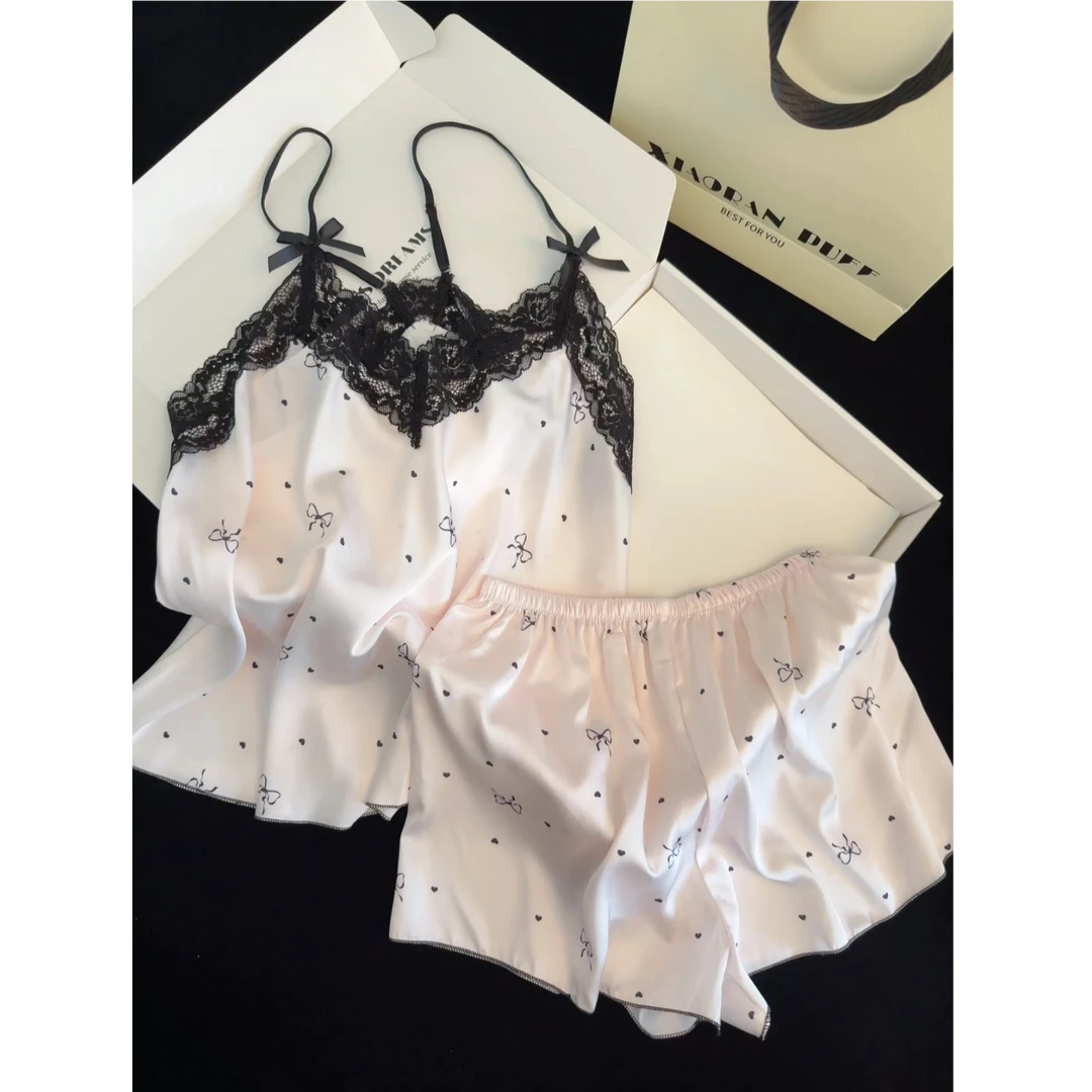 【闭眼入】法式甜美纯欲吊带短裤家居服套装夏性感薄款冰丝少女睡衣