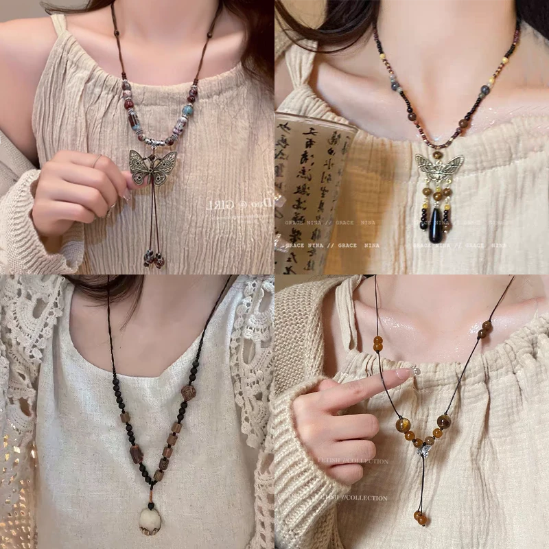 新款国风禅意木珠菩提挂件安项链中式复古小众设计长款链配饰