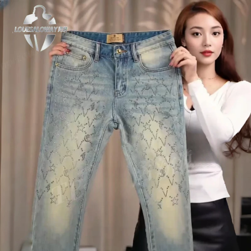 九牧高端潮牌烫钻九分牛仔裤欧货爆款新款修身小直筒男士休闲男裤