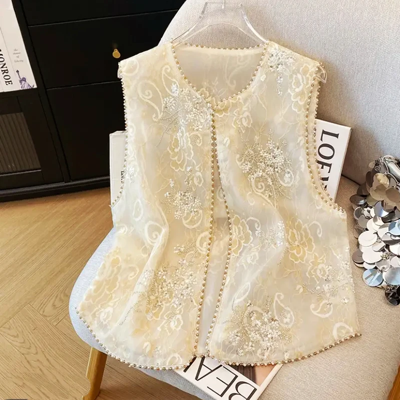 新中式轻国风上衣马甲夏季薄款重工钉珠刺绣双层马甲背心女款百搭