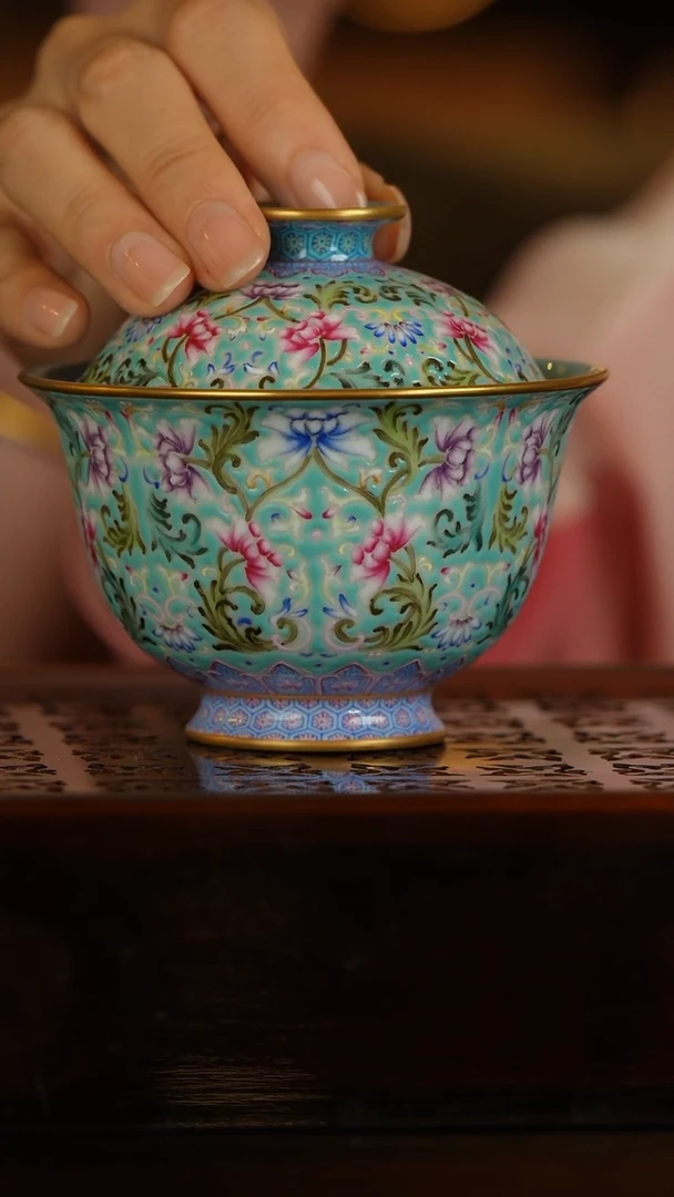 月亮推荐溢珍堂@@松石绿缠枝花卉二才盖碗