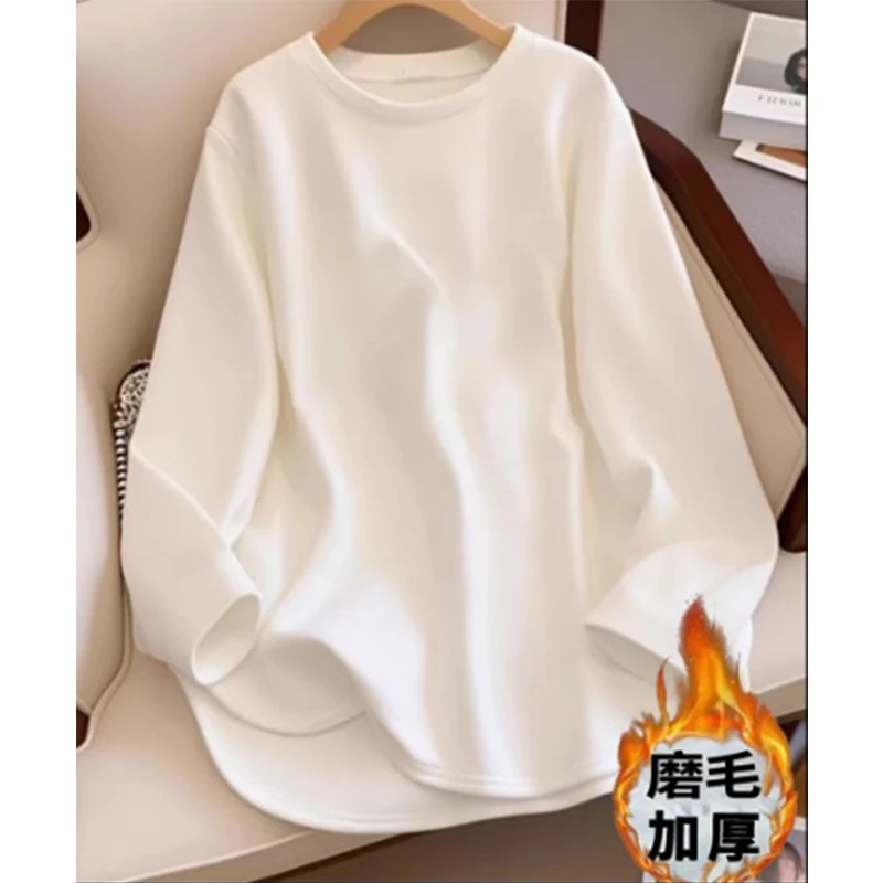 德绒加绒打底衫女秋冬季宽松加厚中长款显瘦上衣内搭长袖白色T恤