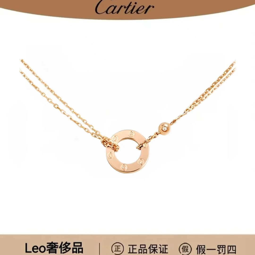99新 Cartier/卡地亚 LOVE系列玫瑰金双钻双链小圆饼小饼项链