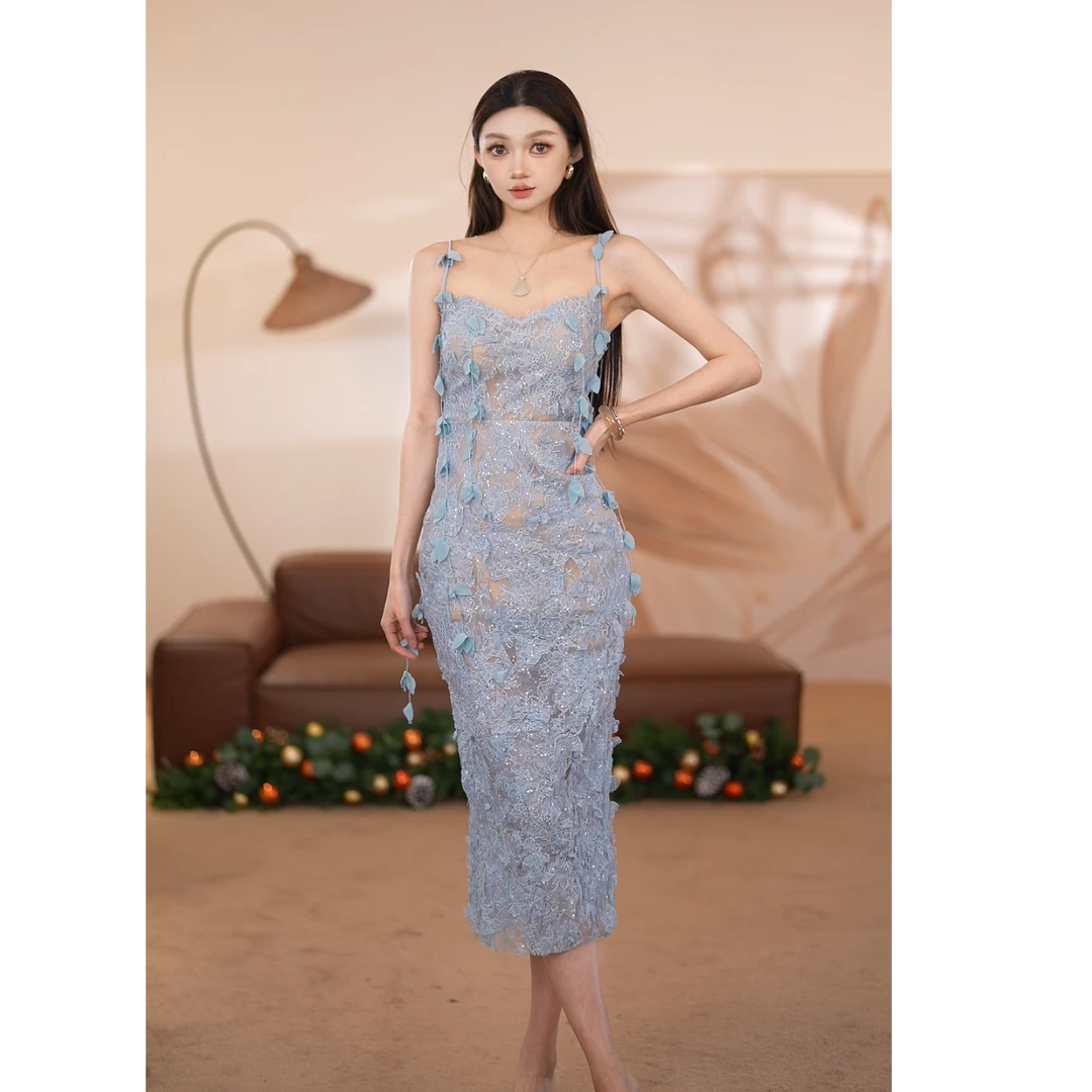 【刘秦熹】夏季名媛蕾丝飘带仙气吊带连衣裙SY-8895