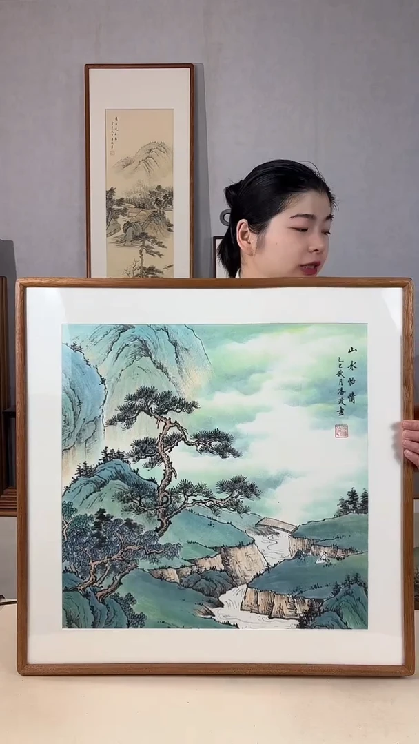 国画手绘*山水怡情*62*62cm实木框