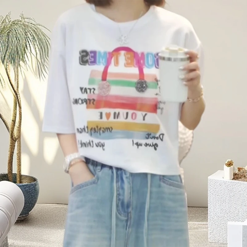 【彩色包包】2025夏季新款时尚休闲气质T恤上衣百搭宽松印花圆领