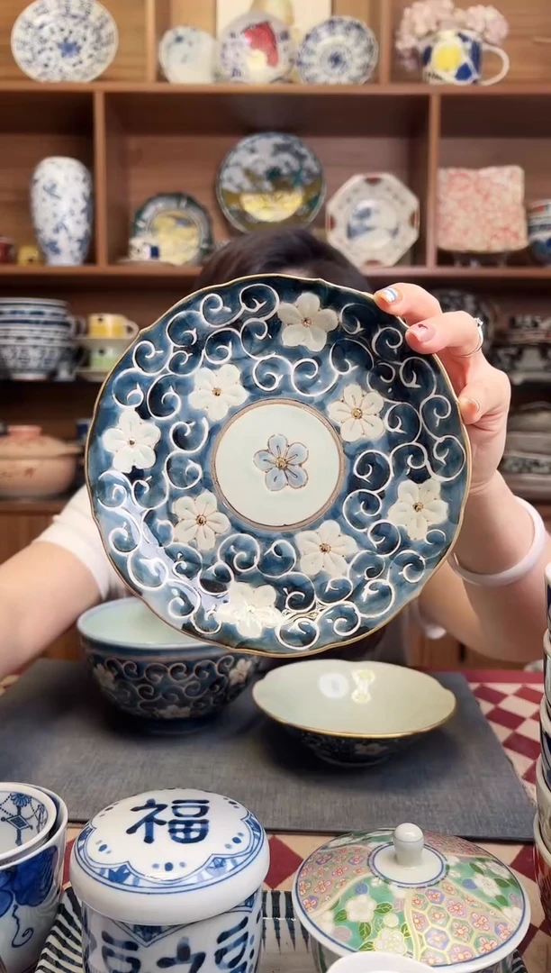 瓷片唐草桔梗 花型多用浅鉢