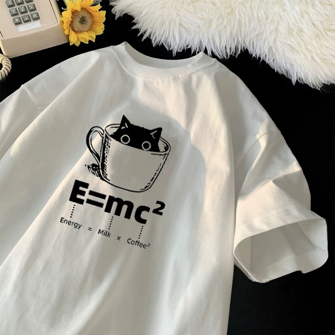 咖啡猫日系卡通印花纯棉短袖T恤男女情侣款韩版上衣宽松百搭