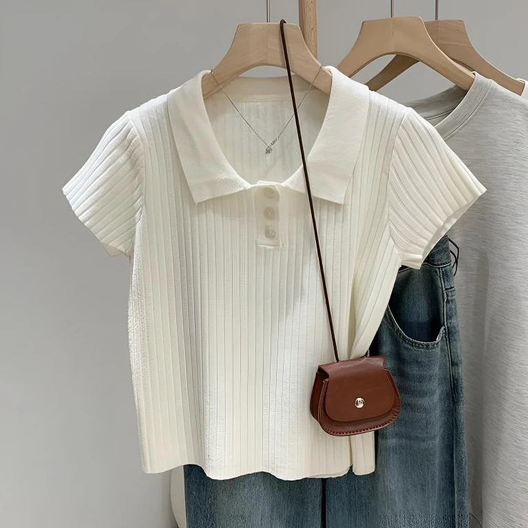 【80-200斤】撞色Polo翻领冰丝短袖上衣夏季宽松显瘦时尚百搭T恤女