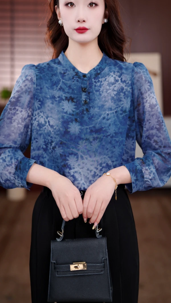 2025新款月湛奕尘轻奢圆领优雅小衫套头衬衫长袖时髦上衣女打底衫