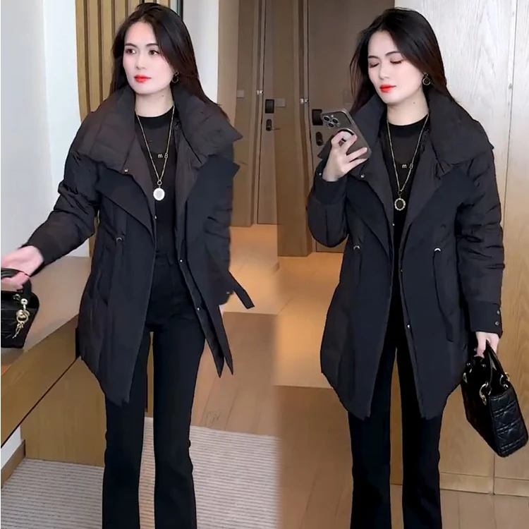 羽绒棉服女2025冬季新款高冷御姐翻领收腰显瘦中长款加厚保暖棉袄