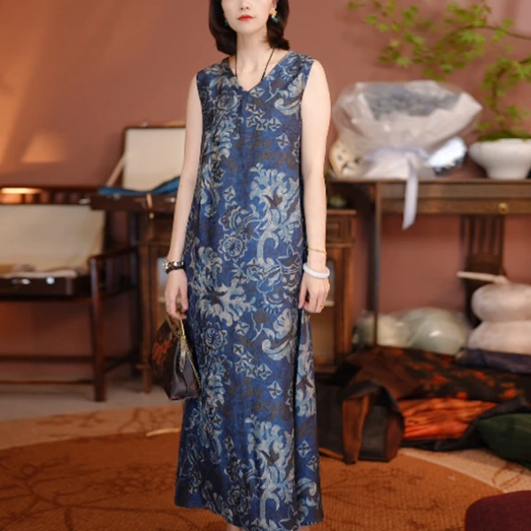 高端非遗红香云纱真丝长裙子系带包肩袖新款连衣裙女夏款