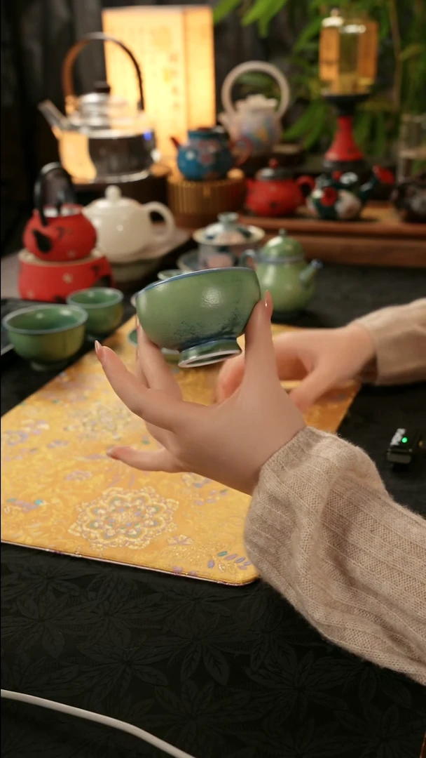 陶瓷茶具楚门窑变铜绿圆口杯