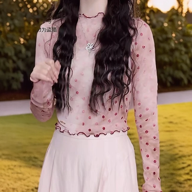 【粉黛星霜】夏季百搭植绒波点长袖防晒T恤时尚圆领气质上衣女1205