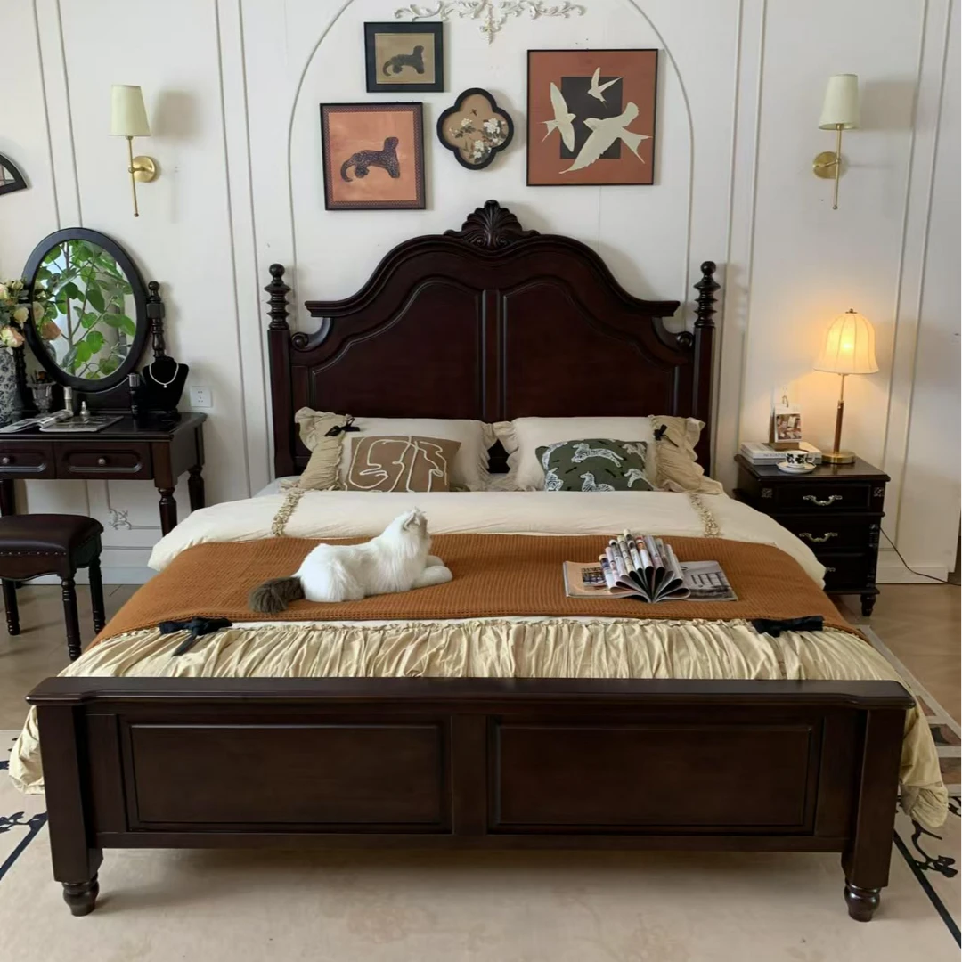 美式复古法式中古1.8米主卧室双人床单人简约储物高箱雕花公主床