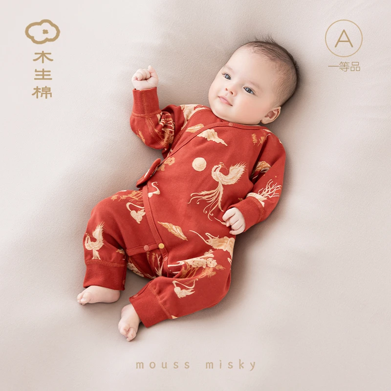 木生棉新生儿纯棉连体衣春秋新年喜庆哈衣宝宝红色拜年服婴儿满月