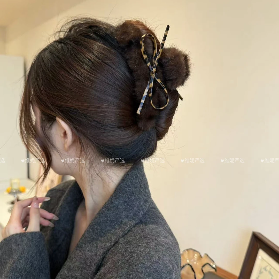 温暖感秋冬~美拉德皮质豹纹蝴蝶结毛绒抓夹后脑勺抓夹鲨鱼夹发饰