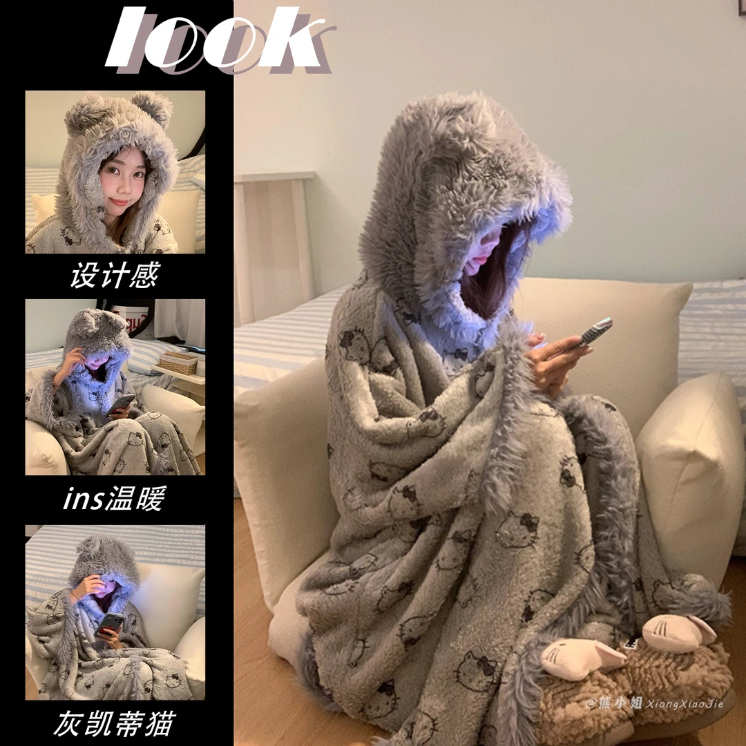 睡衣女秋冬斗篷睡袍情侣连帽加厚毛绒卡通珊瑚绒加绒睡裙家居服