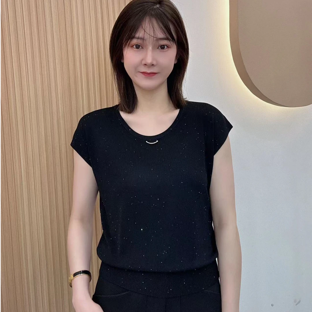 【霓裳甄选】笑脸珠片纯色简约宽松百搭针织短袖120#