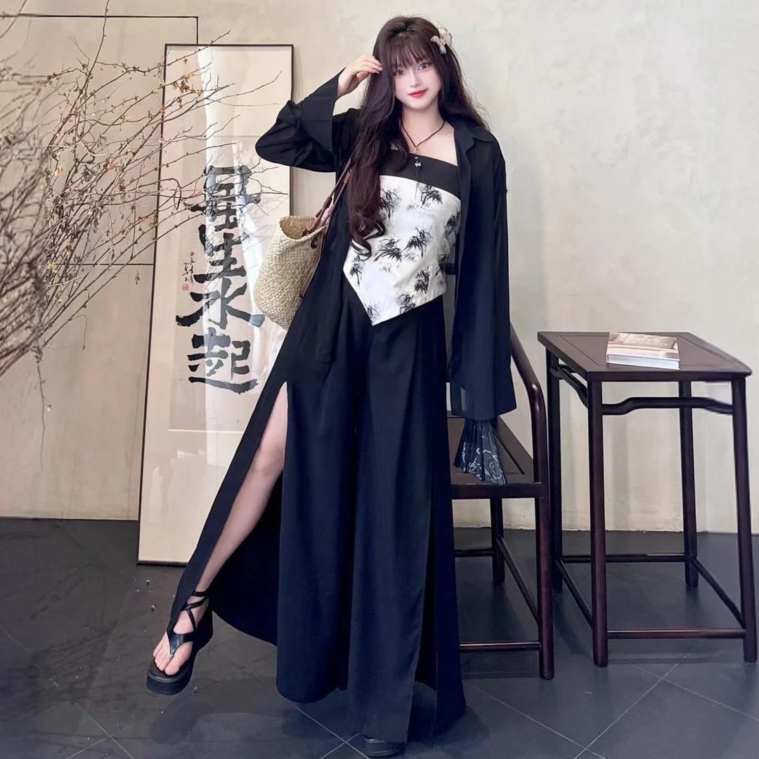 【胖丫丫】夏日欧若新中式大码水墨印花吊带+开叉裤裙+开衫三件套