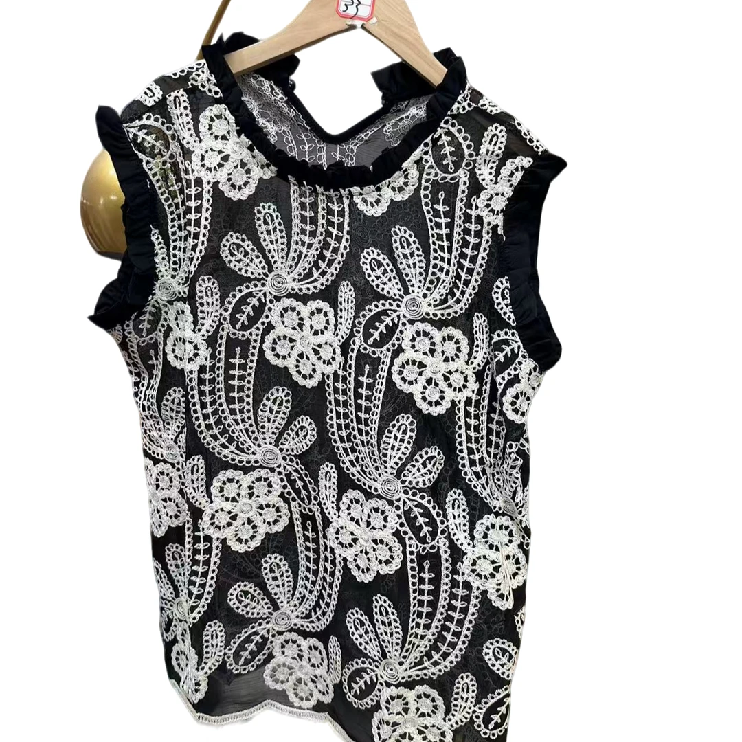 欧货高端韩版复古高级感无袖提花蕾丝背心洋气钩花镂空别致上衣潮