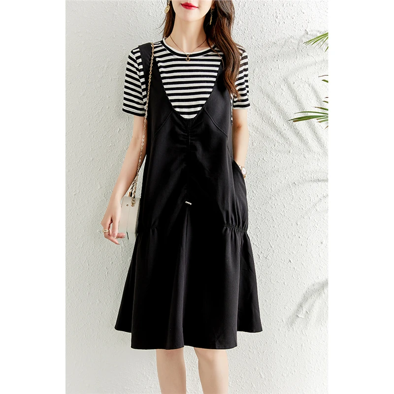 时尚条纹拼接假两件背带连衣裙女夏2025新款宽松显瘦胖mm休闲裙子