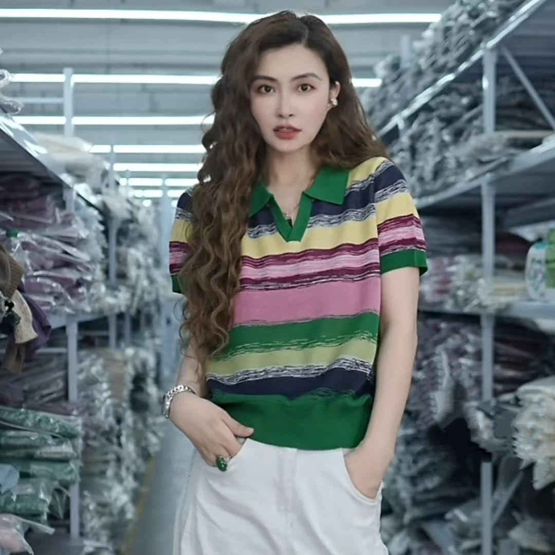 【例畔精选】2025时尚气质新款翻领条纹撞色百搭时尚针织衫A599#