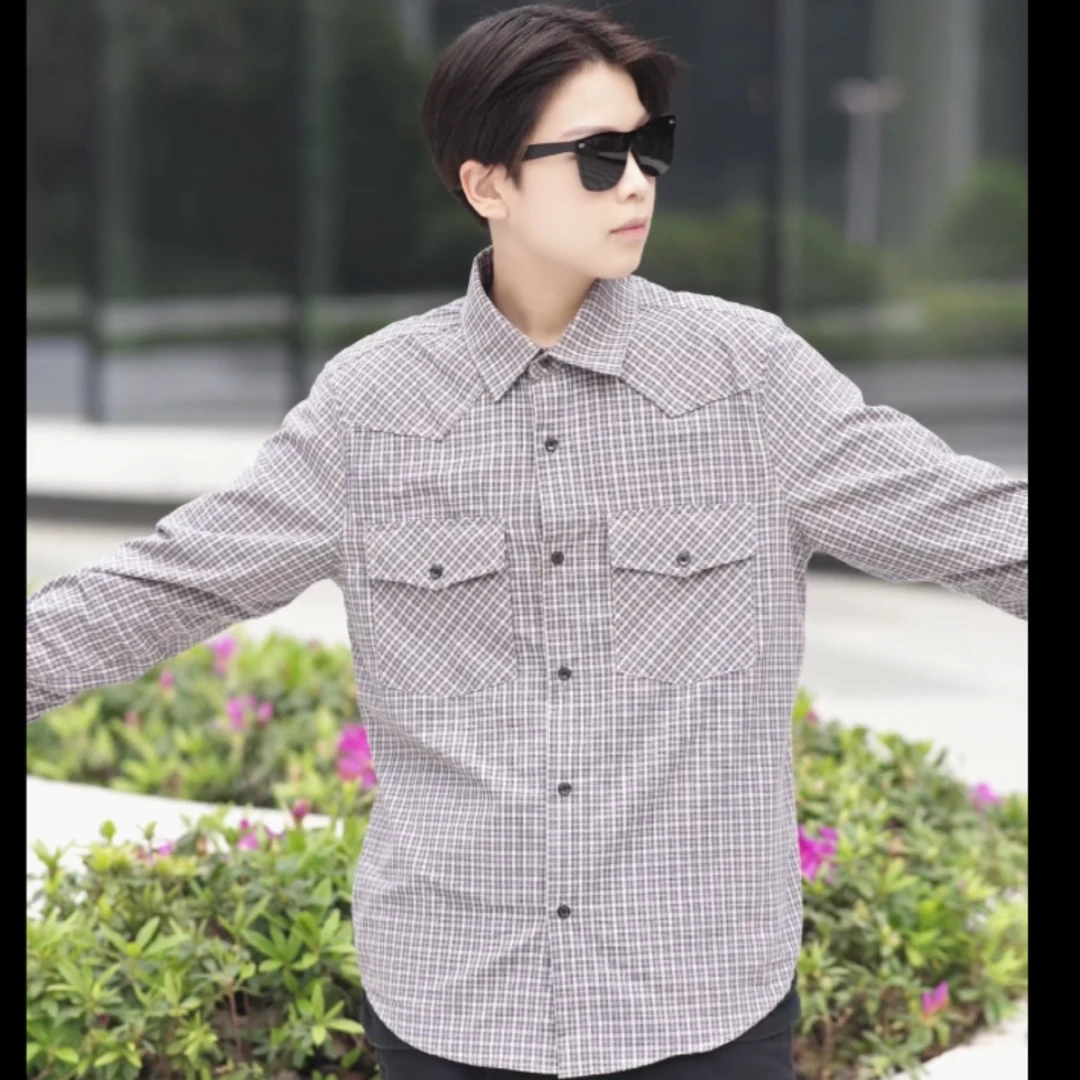 2025夏季新款灰色格子衬衫男士长袖休闲复古水洗春夏翻领百搭宽松