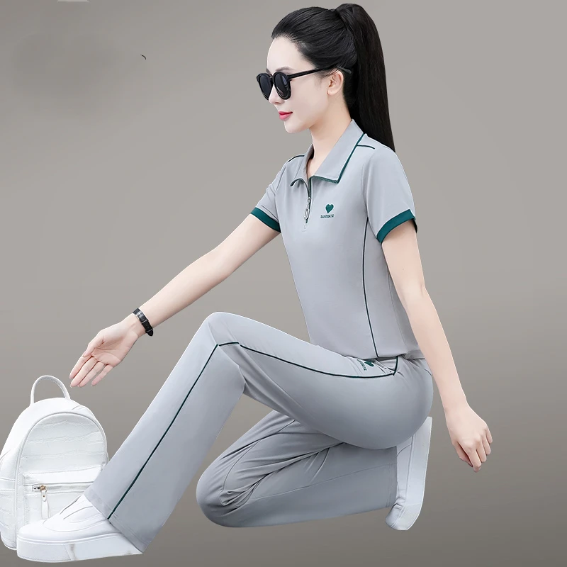 冰丝翻领短袖运动套装女2025新款夏季妈妈洋气休闲中年女士两件套