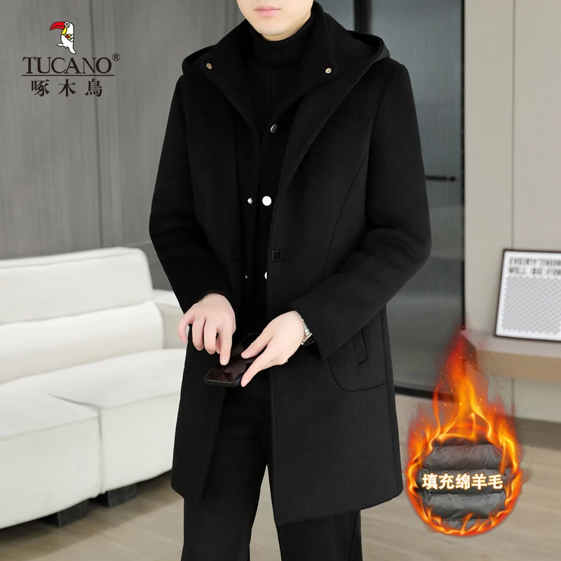 TUCANO/啄木鳥中长款秋冬休闲连帽绵羊毛男士内胆羊毛呢子大衣