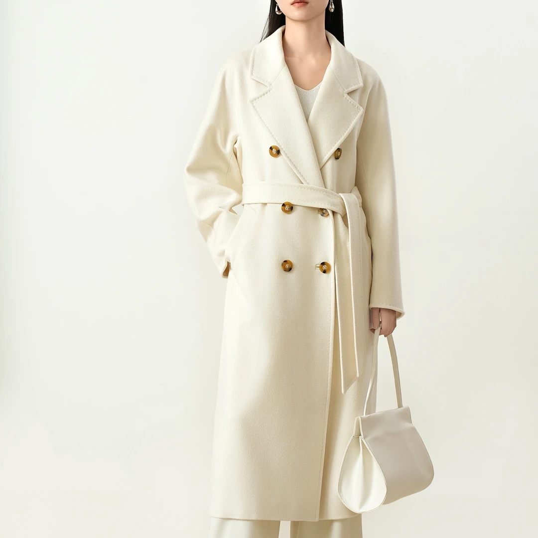 秋冬骆驼绒混纺经典西装领双排廓形女士长款有内衬单面毛呢大衣