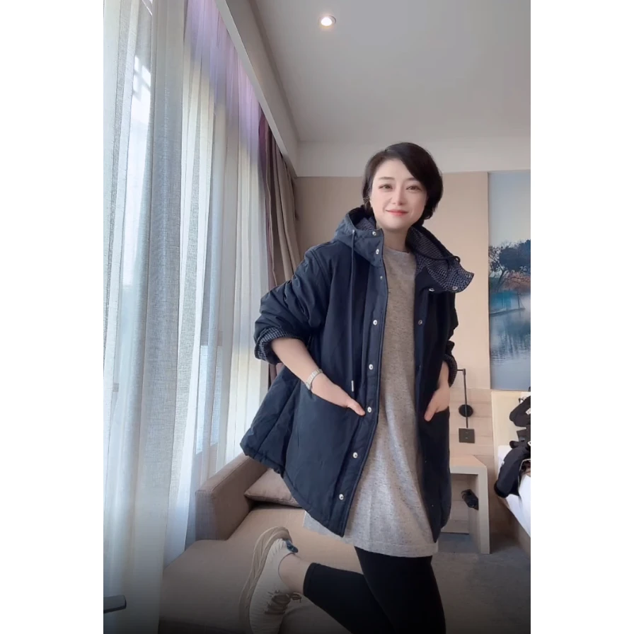 【U.M】格子连帽一手长文艺棉服保暖宽松藏肉