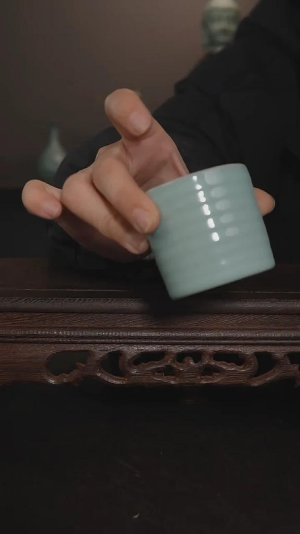 摆件瓷天青手工直口炫纹杯