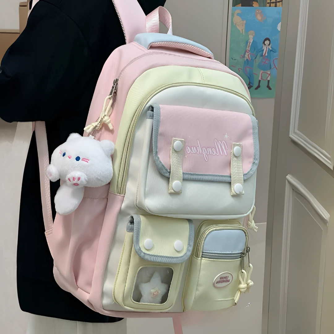 韩版ins学院风书包女初高中学生大容量双肩包小学生减负撞色背包