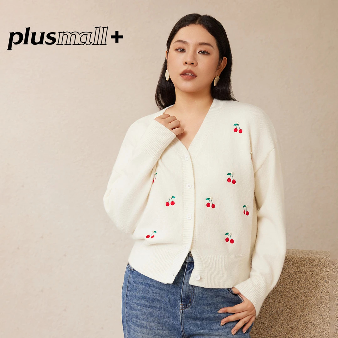 PLUSMALL 樱桃奶芙 温柔甜美德绒针织樱桃绣花针织开衫PM2411054
