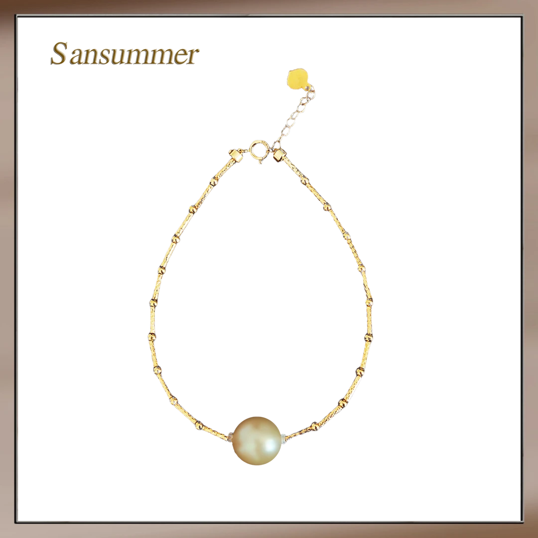 NM 18K金/海水珍珠/南洋金珠路路通手链9-10MM珠珠金手链