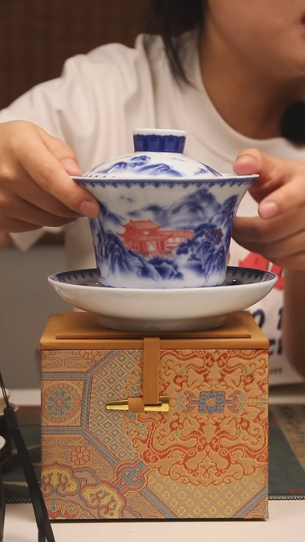景德镇高温山水三才盖碗大号