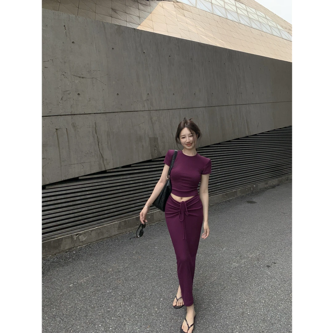 纯欲辣妹紫色两件套女装夏季圆领短袖打底T恤上衣高腰包臀半身裙