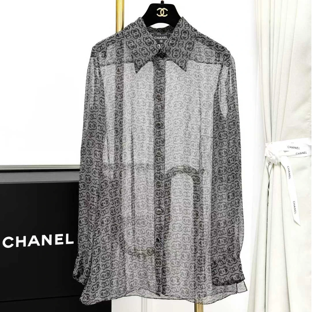 99新 Chanel/香奈儿 36码23A黑灰色满logo薄纱蚕丝衬衫
