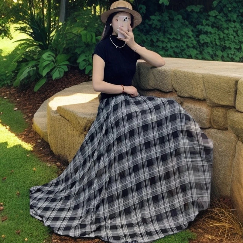 中长款秋冬雪纺半身裙舞蹈裙沙滩裙高腰气质大摆裙子百搭黑色法式