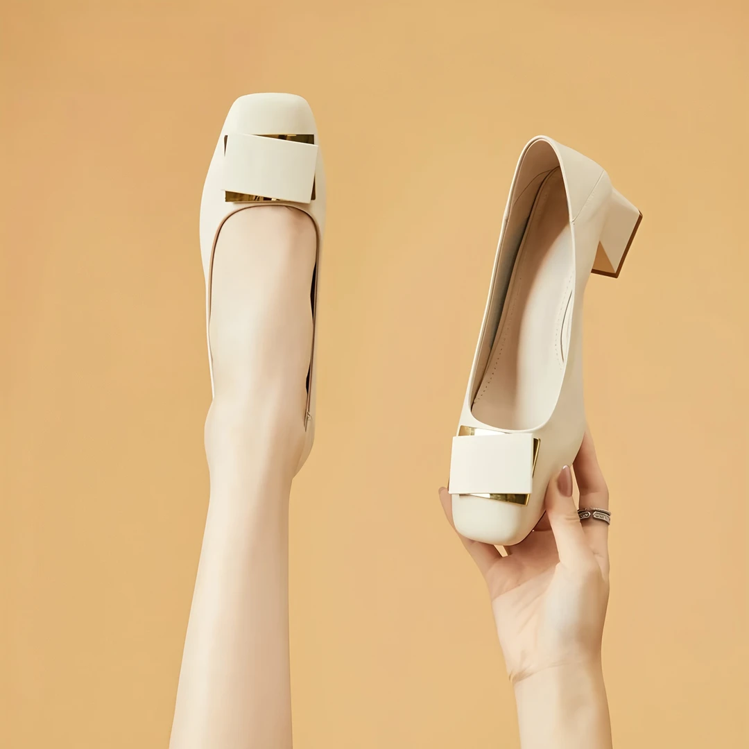 真皮方扣粗跟单鞋4.5CM 4.1