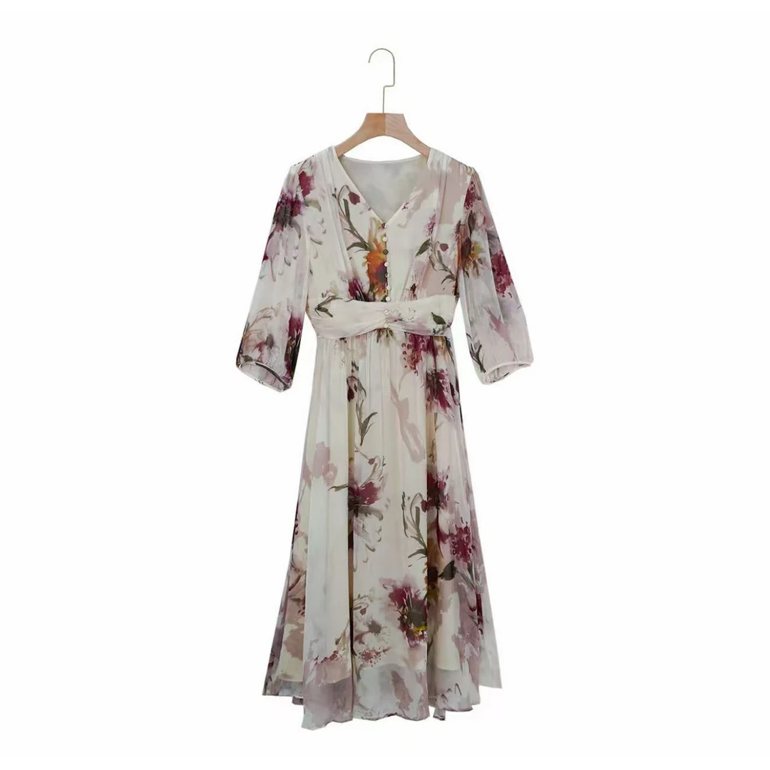 100%桑蚕丝新款显瘦气质碎花桑蚕丝连衣裙25DAK0677