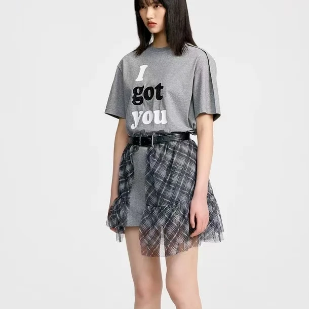 3358#2025夏新款时尚宽松显瘦字母印花拼接短袖T恤连衣裙女