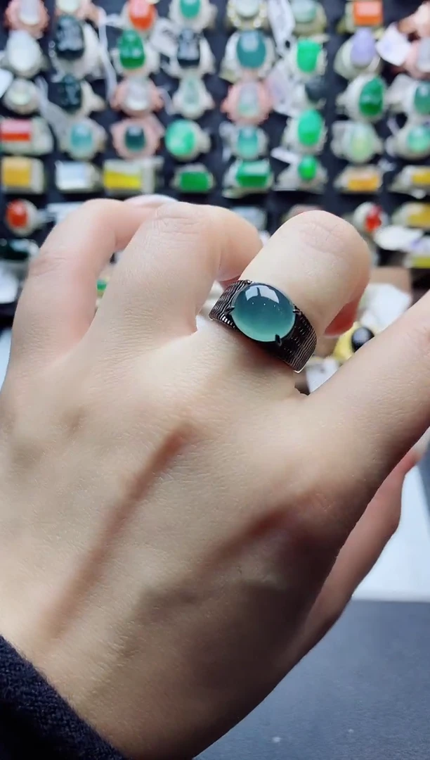 银S925镶嵌戒指翡翠天然A货翡翠男戒