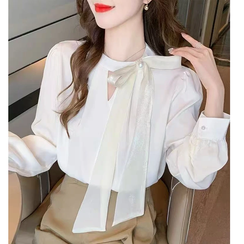 718法式立领缎面衬衫女春季蝴蝶结飘带雪纺衫上衣小心机镂空衬衣