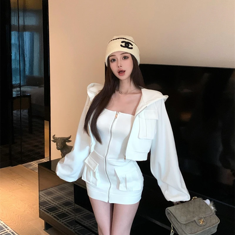 S型懒人套装女2025秋款高级感辣妹针织拼接连衣裙针织多口袋外套