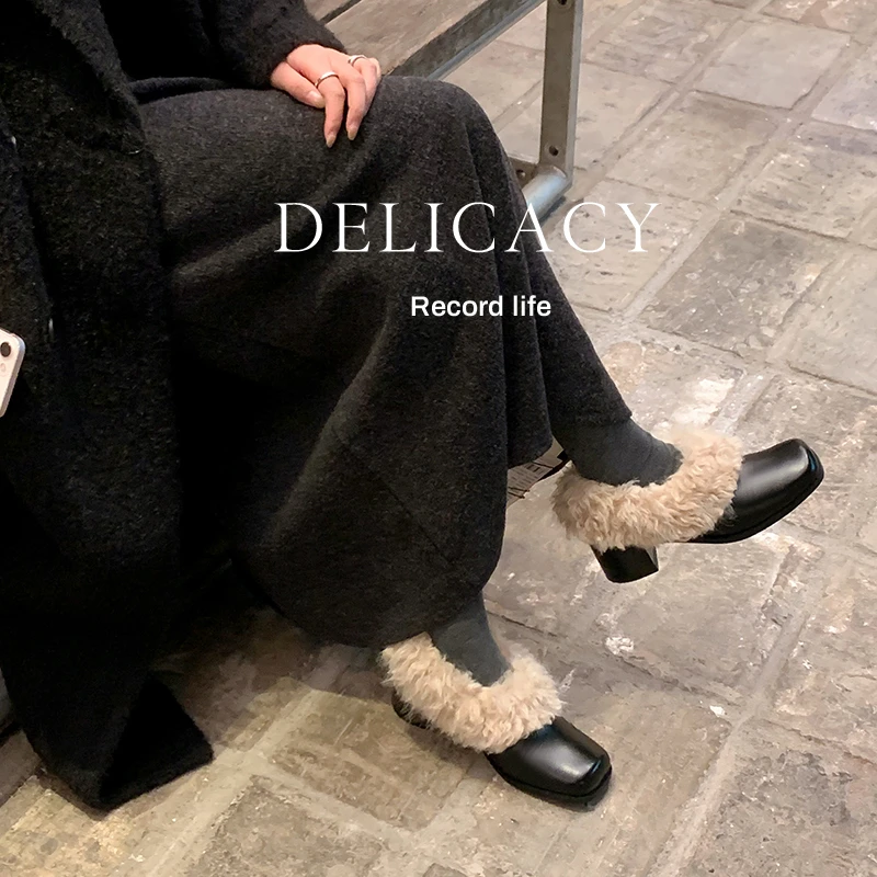 [Findme大码女鞋]艺术生～牛皮方头加绒乐福鞋高跟粗跟小皮鞋2530