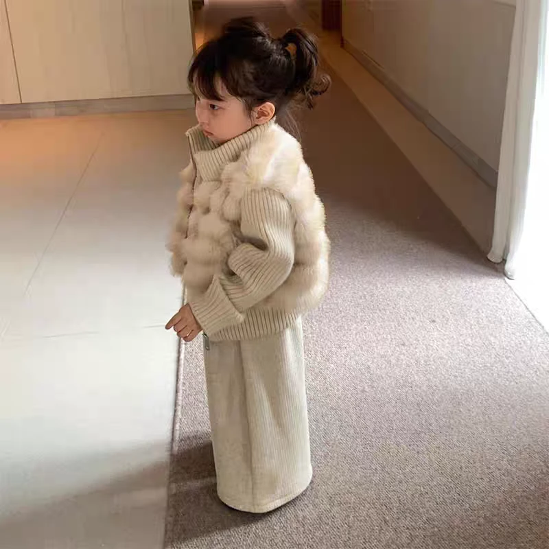 女童仿皮草夹棉外套韩版秋冬加绒休闲裤两件套洋气毛毛拼接卫衣