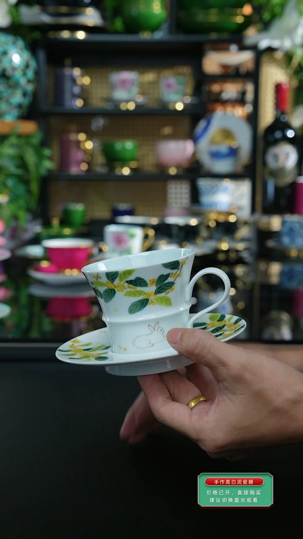 手工手绘桂花兔咖啡杯，，，，，，